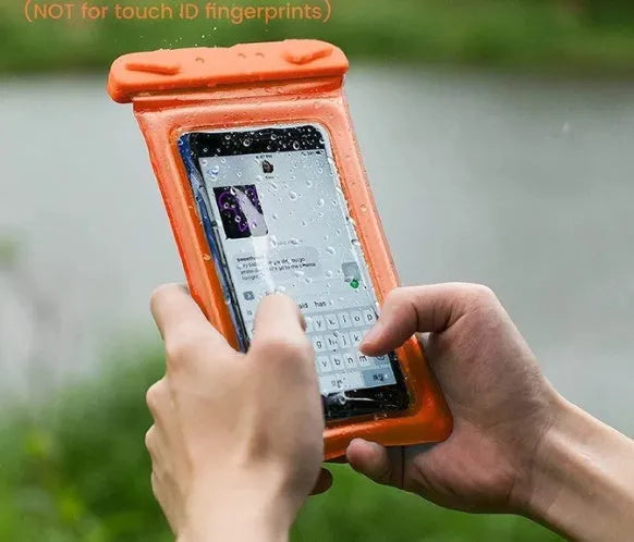 A waterproof PVC phone pouch with a lanyard, shown in orange.