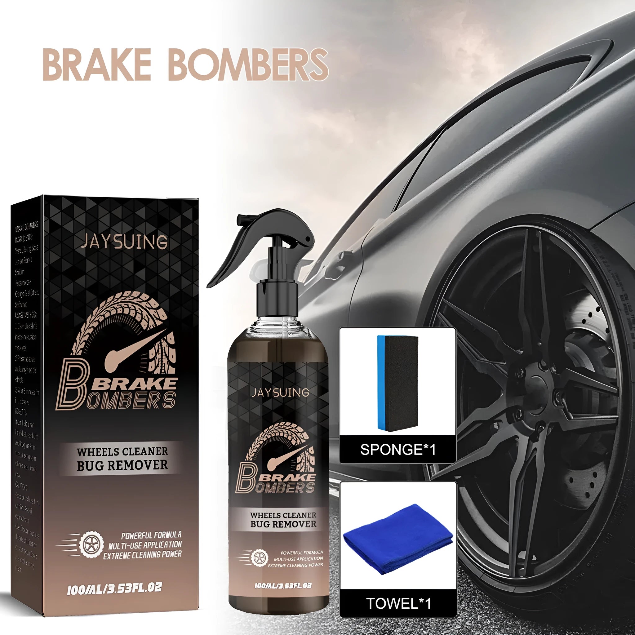 Car brake cleanser kit showing 100ml spray bottle, small sponge, and cleaning cloth for disc maintenance