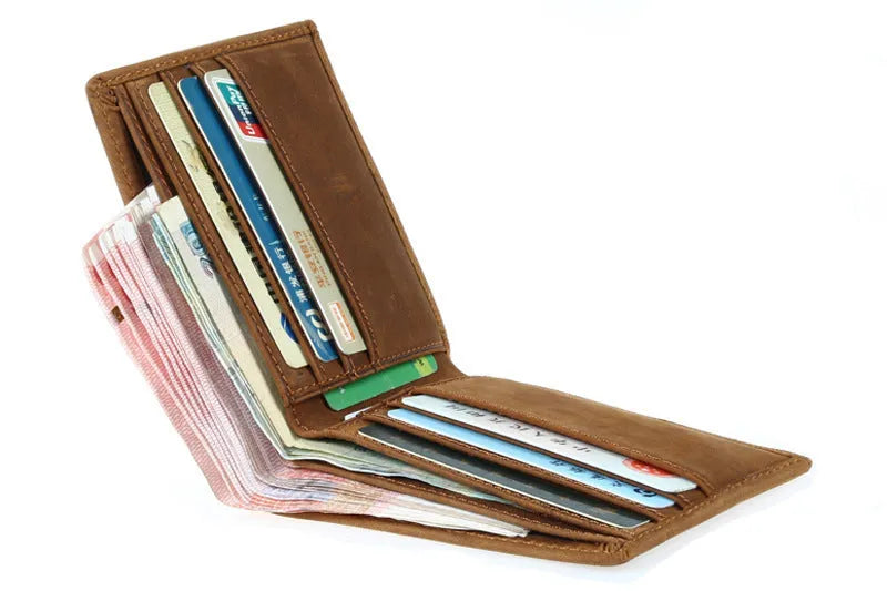 Brown horse leather men wallet ultra-thin short casual layout with card slots and bill holder