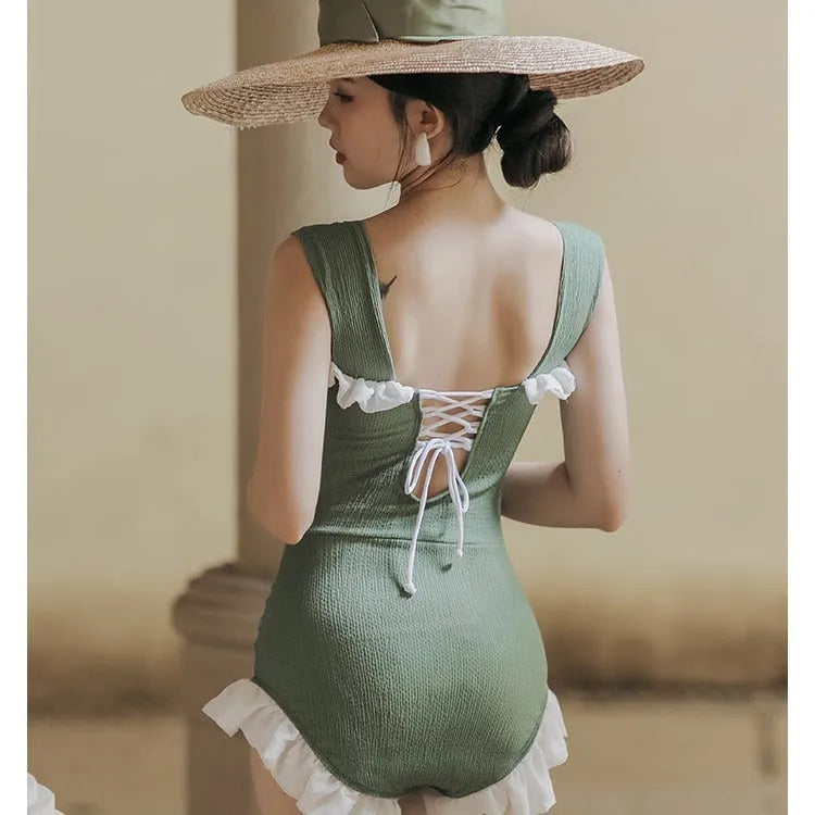 Korean style high-waist one-piece swimsuit in quick-drying polyester