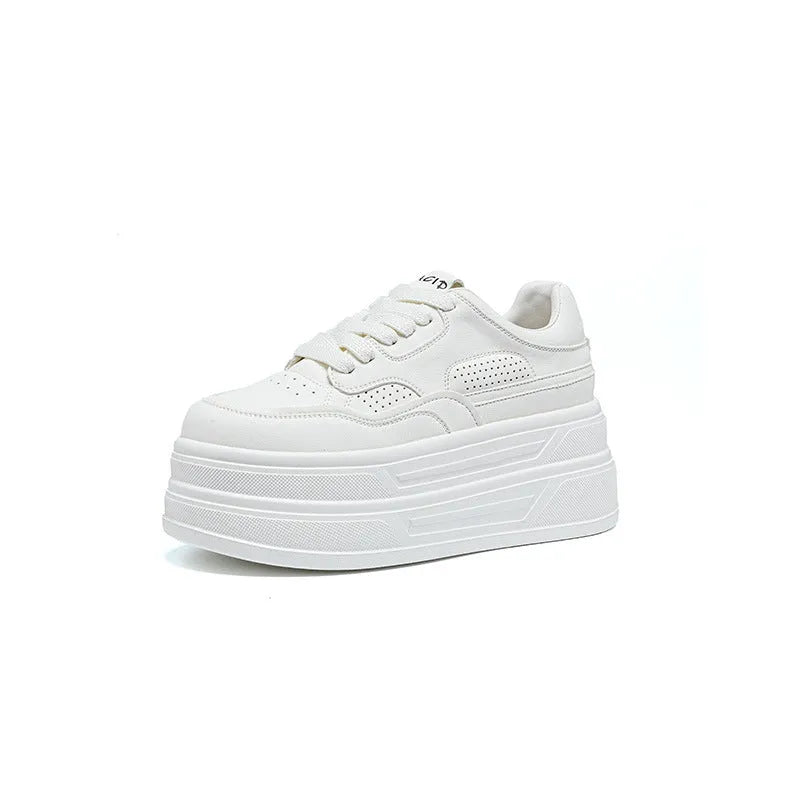 Creamy white beige leather platform casual shoes with lace-up and cross strap closure, round toe, low top, high heel 6-8cm