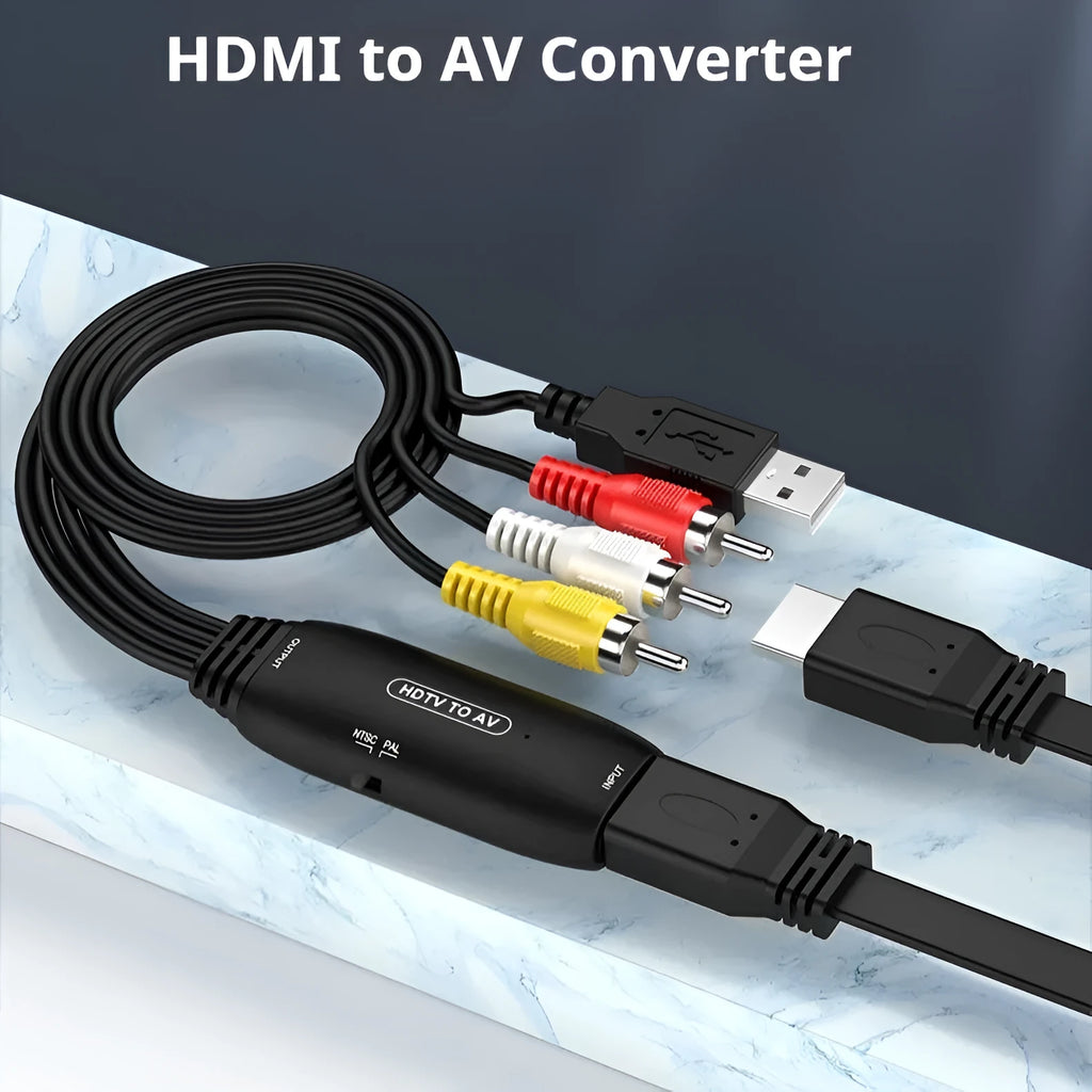 HDMI to AV adapter cable with 110cm length and RCA connectors for video transfer