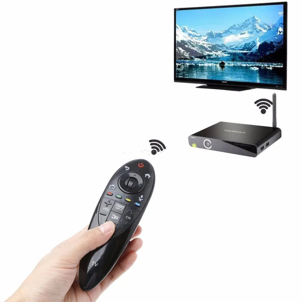 Black universal remote control for LG AN-MR500G and AN-MR500 Smart TVs showing front button layout