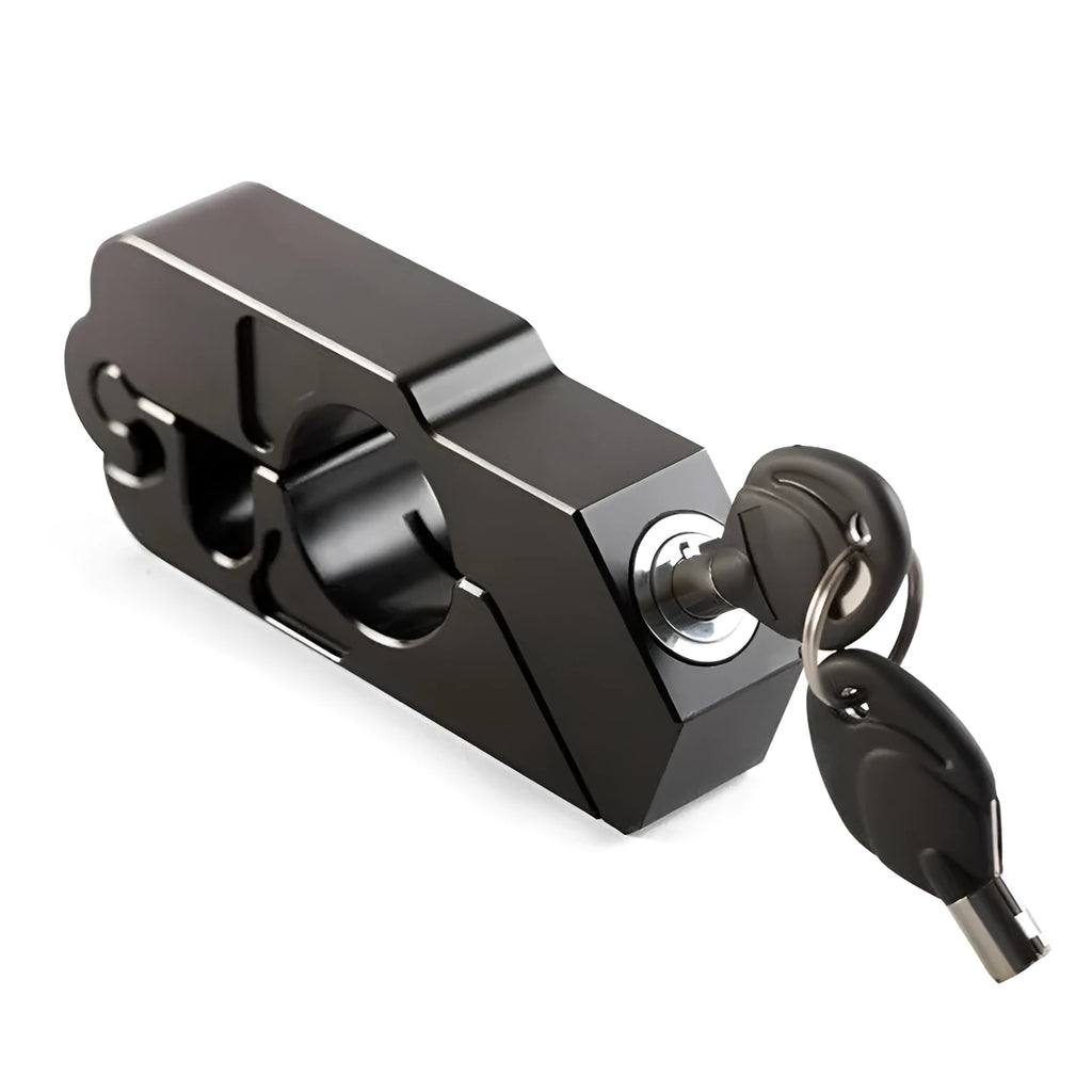 Motorcycle handlebar lock with stainless steel wire attached to front brake lever, available in multiple colours