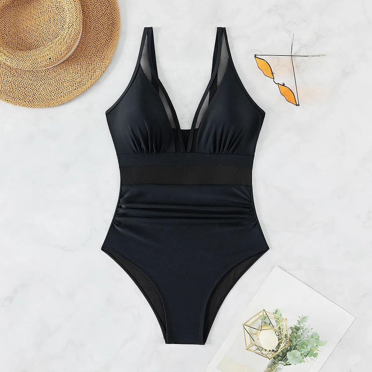 Black mesh halter bikini one-piece swimsuit for women in nylon fabric