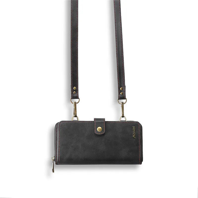 Detachable wallet-style phone case in black showing the strong adsorption leather flap closed over a phone.