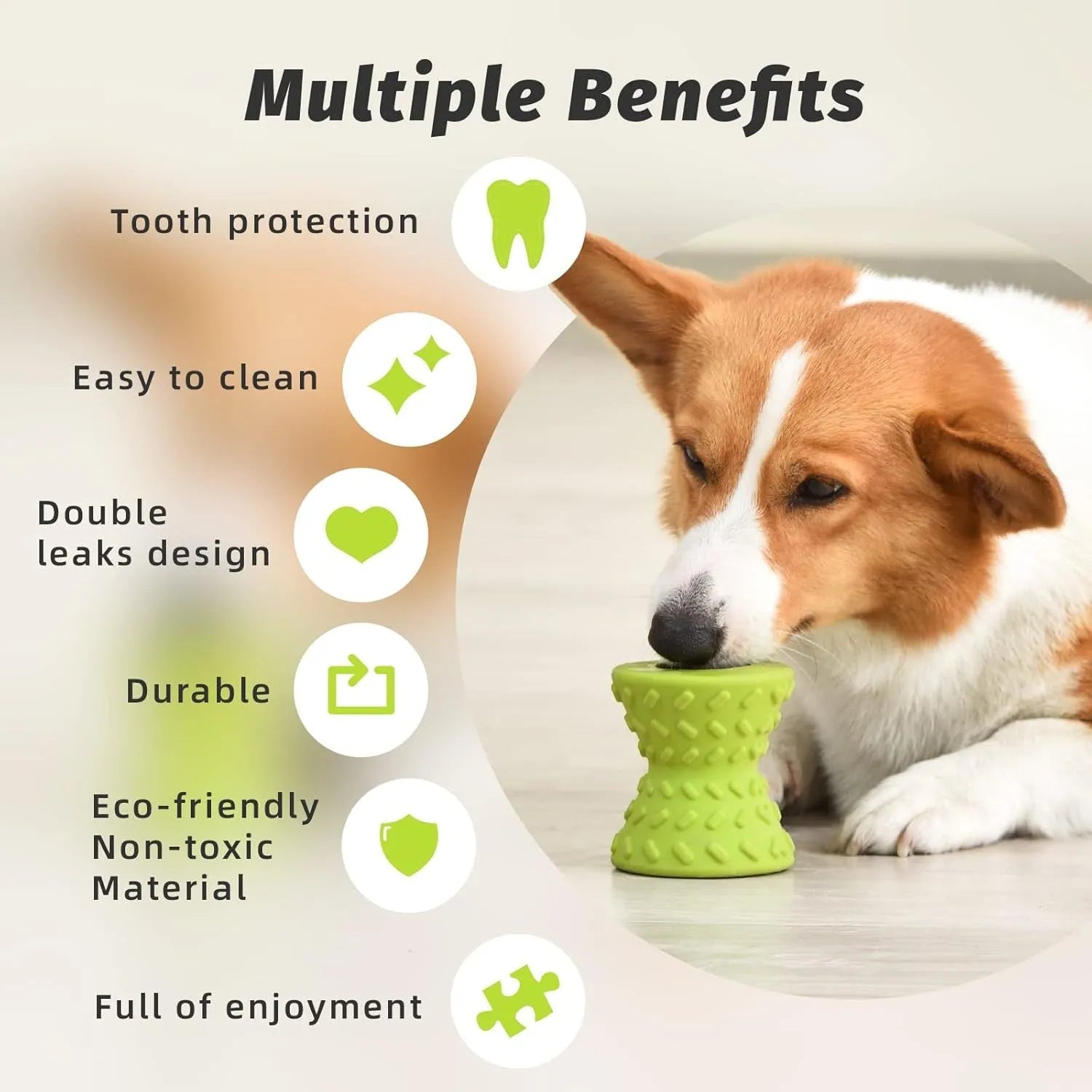 Blue natural rubber dog chew toy with hollow centre and treat leakage holes.