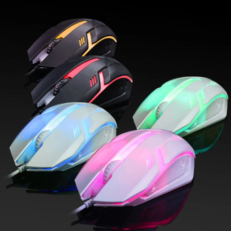 Black wired computer mouse with colourful glow lighting showing USB cable and three buttons