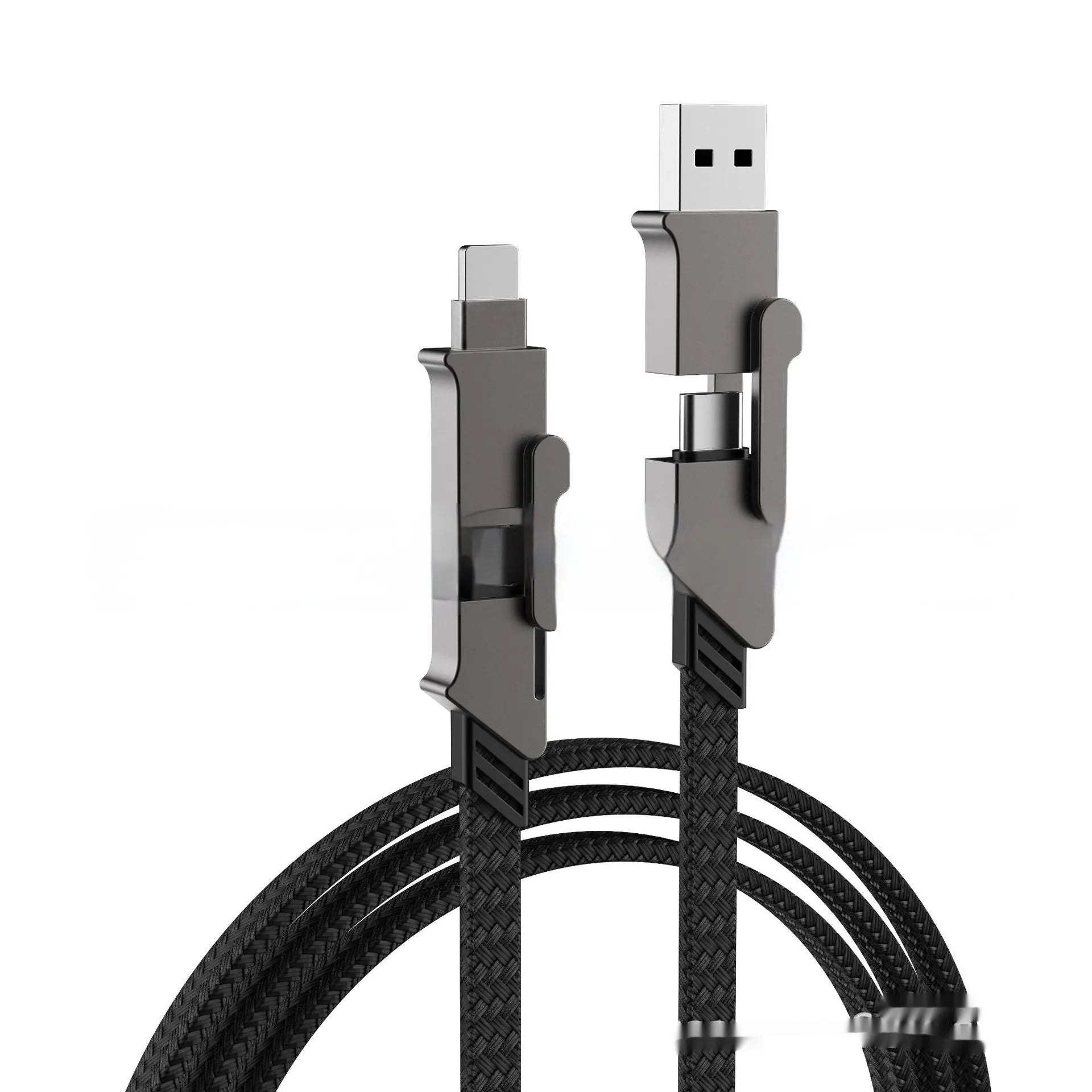 120W six-in-one fast charge data cable in black with zinc alloy connectors for PD27W charging on white background