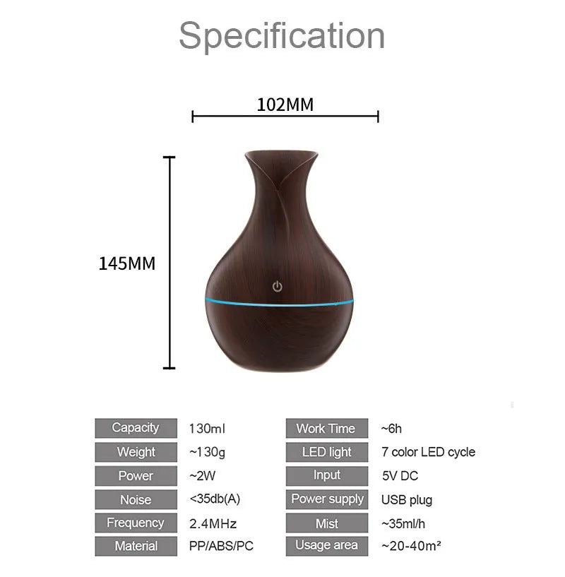 Small vase humidifier with 130ml water tank in Crackle Mahogany finish, USB powered, on a wooden desk