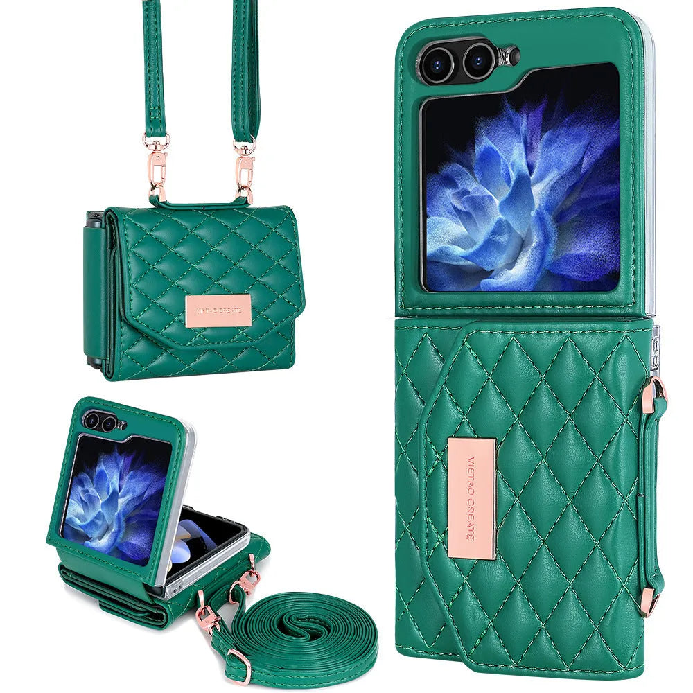 Fashion PU phone cover with lanyard and card slot for Samsung Z Flip in purple