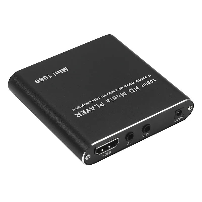 Compact black 1080P HDMI media player with USB and SD card slots