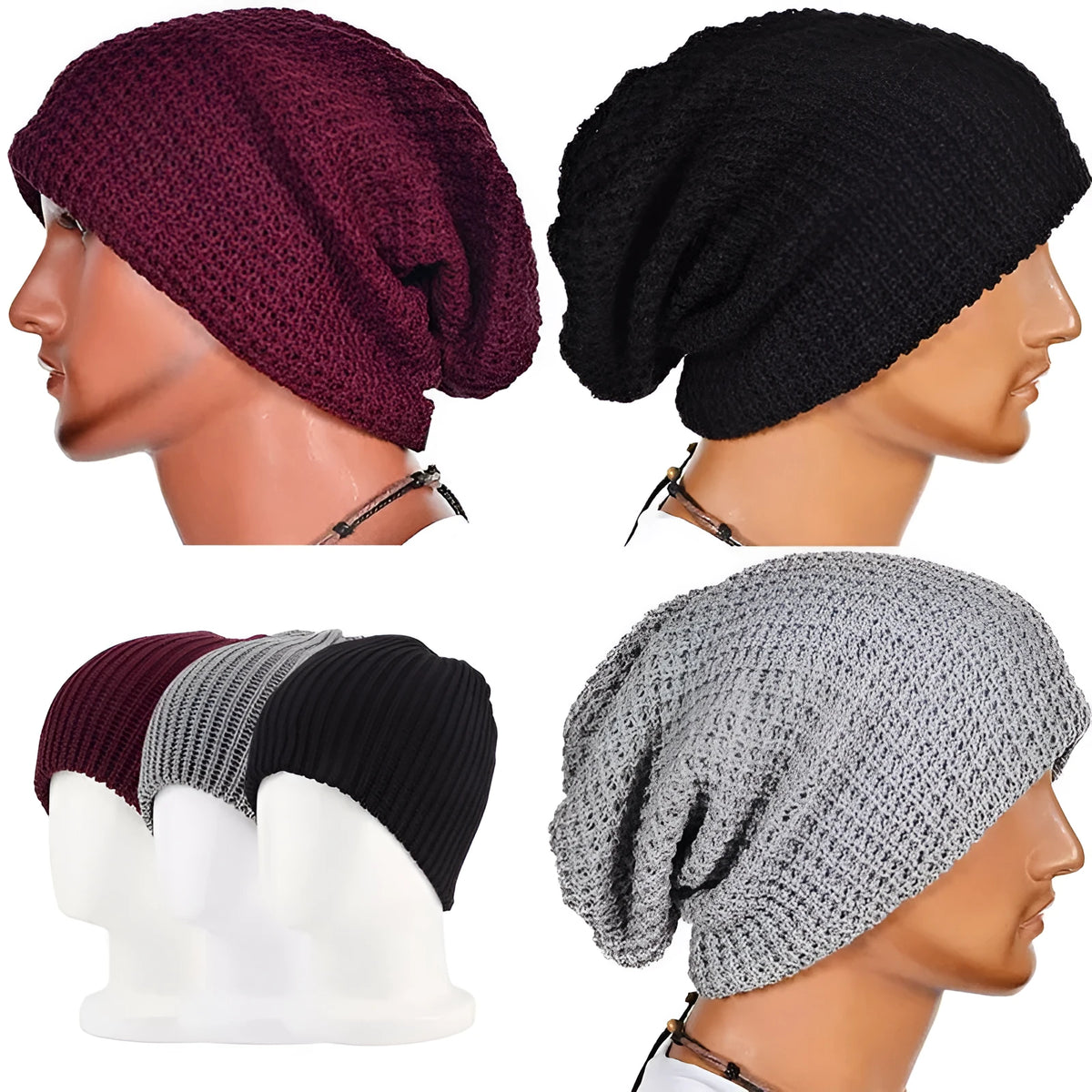 Knitted wool cap, striped pattern, black gray jujube red, 32cm length 20cm width, warp knit