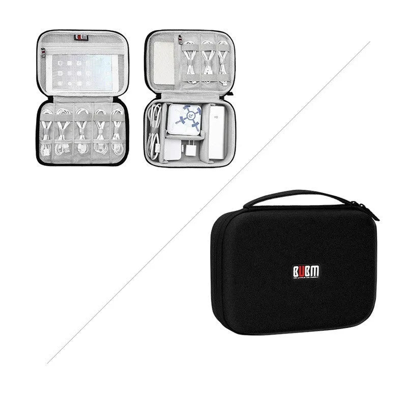 Black and grey EVA digital storage bag with hand bag shape for organising headphones and cables.