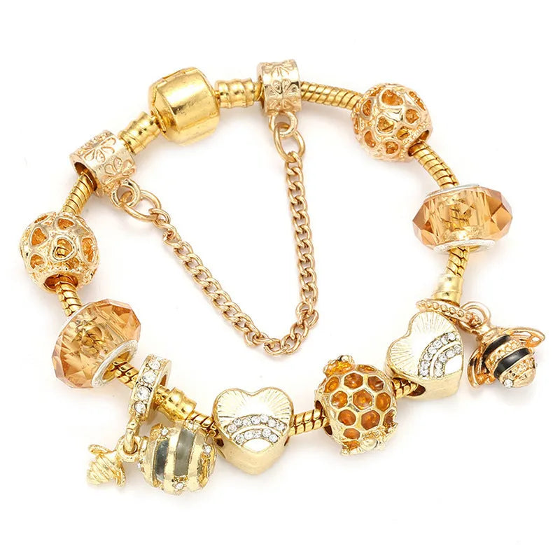 Gold-plated alloy bracelet with cartoon hardworking bee design for women, six length options from 16cm to 21cm