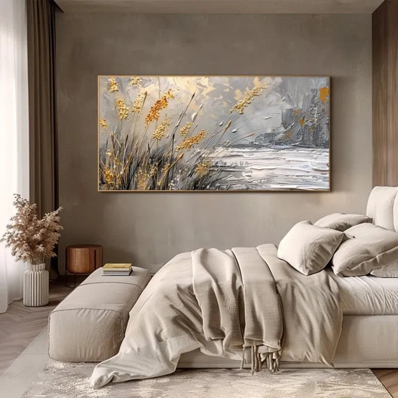 Hand-painted abstract lake reed beds oil painting on unframed horizontal canvas for wall art