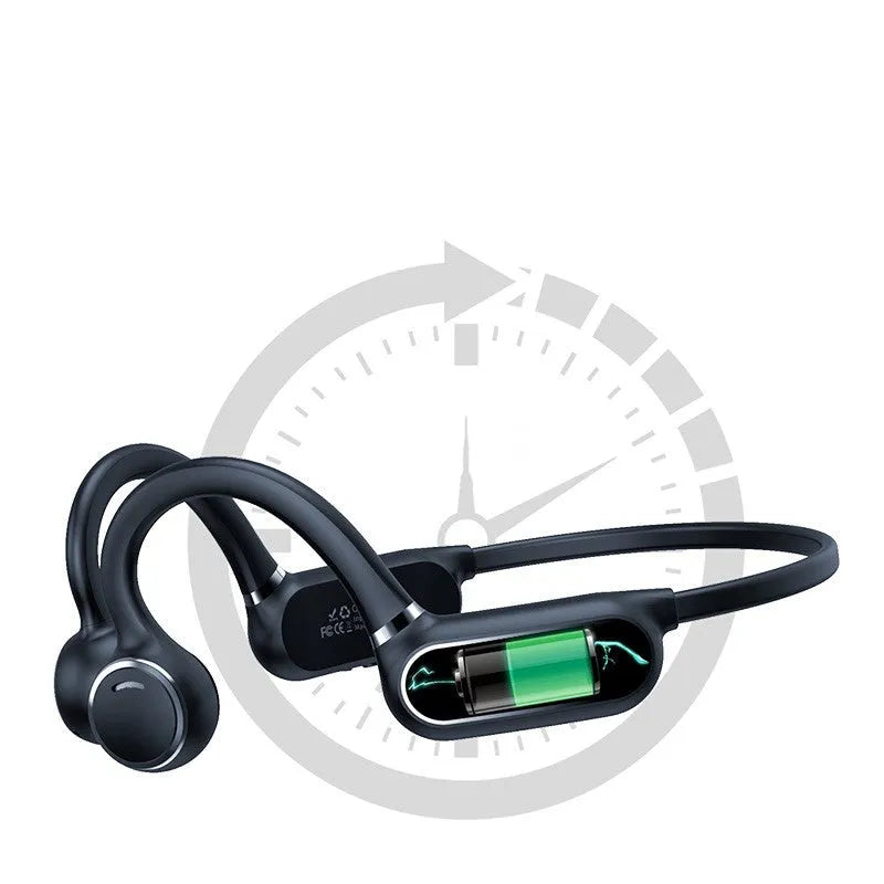 Black open-ear air conduction Bluetooth wireless earphones with a curved titanium alloy frame and touch controls.
