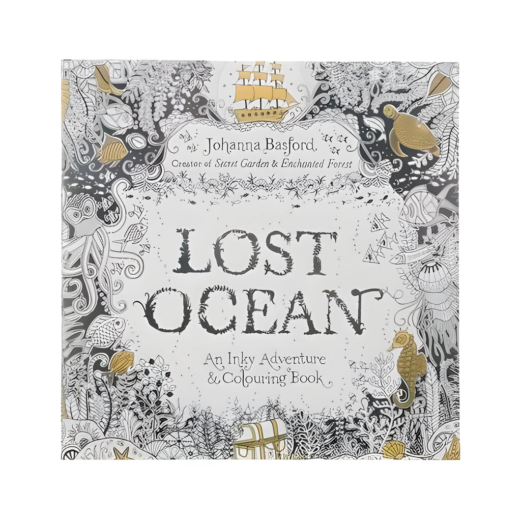 Lost Ocean DIY Coloring Book open to a detailed marine life page with coloured examples