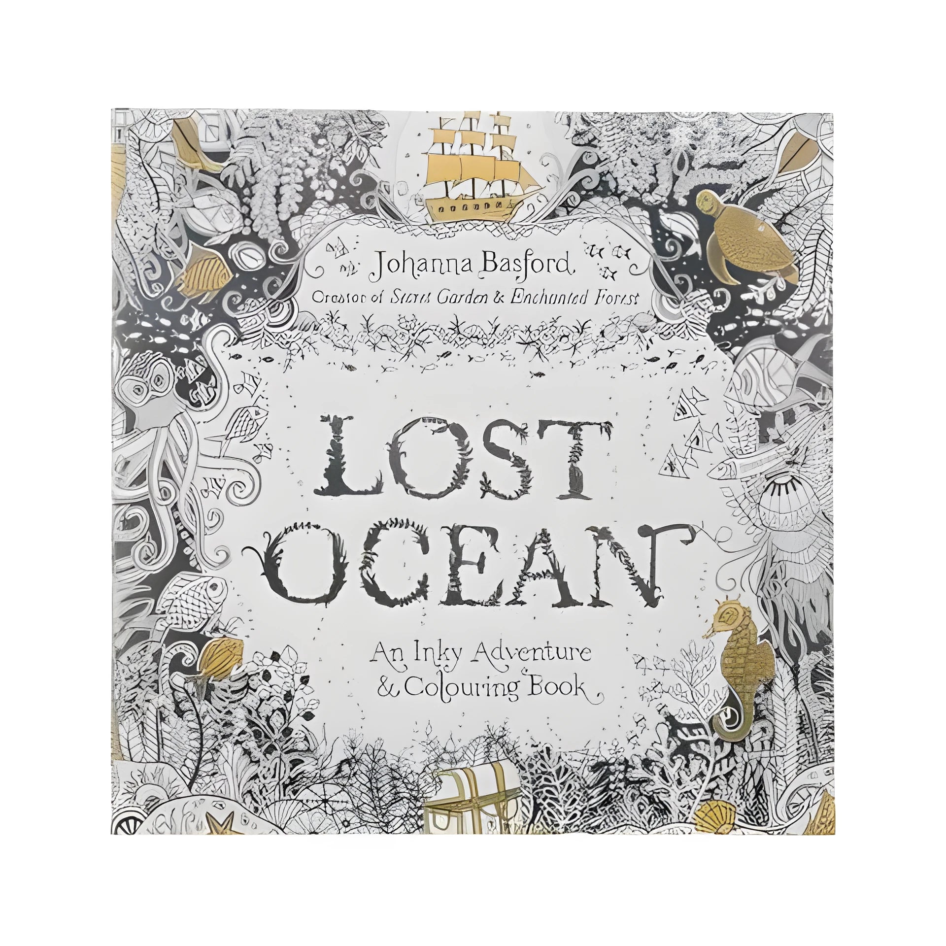 Lost Ocean DIY Coloring Book open to a detailed marine life page with coloured examples