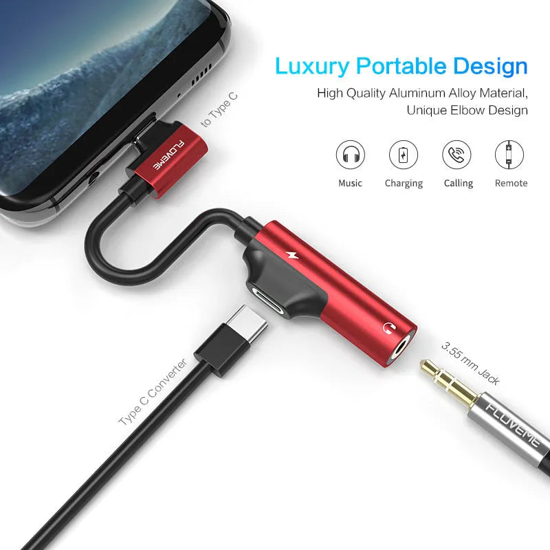 Lighting audio charging splitter adapter black anodised aluminium alloy 5V1A with earphone and charging cable connected