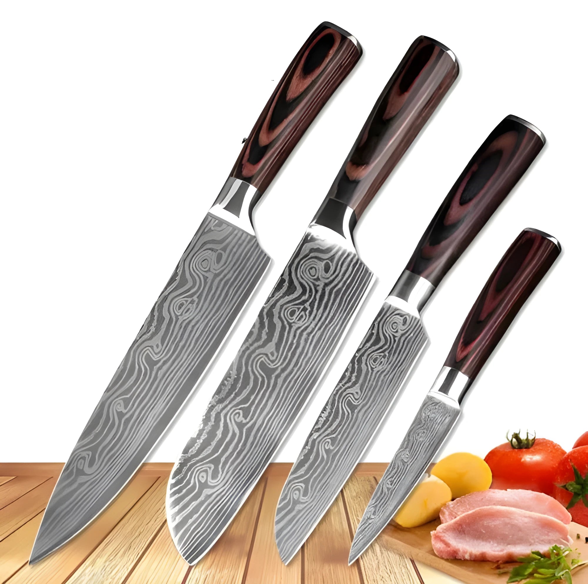 Carpenter's Special kitchen knife with laser Damascus pattern blade and coloured wood handle