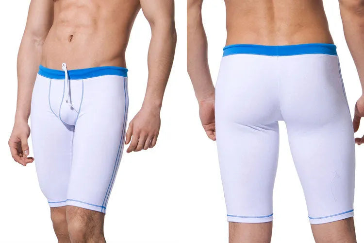 Men's low waist five-point swimming trunks in white or blue, Spandex nylon blend, sizes M to XXXL