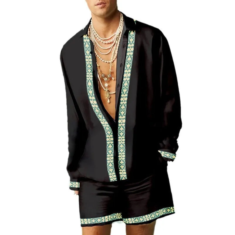 Men's slim-fit long sleeve polyester shirt and matching casual shorts set on a hanger