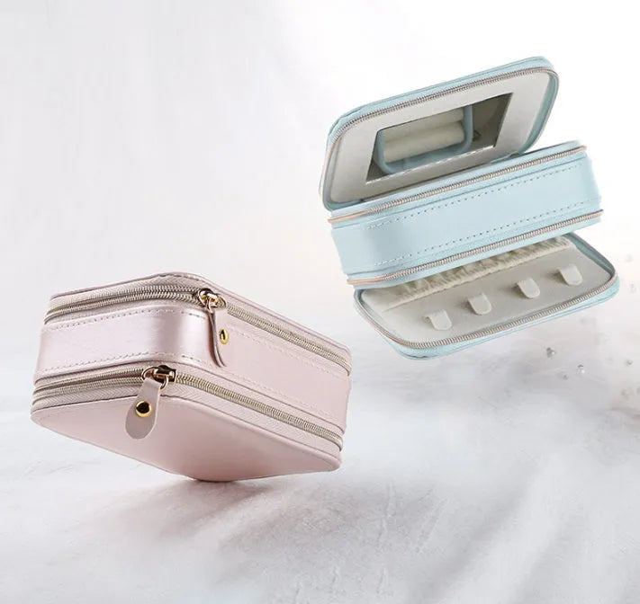 Portable PU leather jewellery box with three-layer storage in blue colour