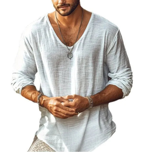 Beige V-neck long-sleeved T-shirt with slim fit design on hanger