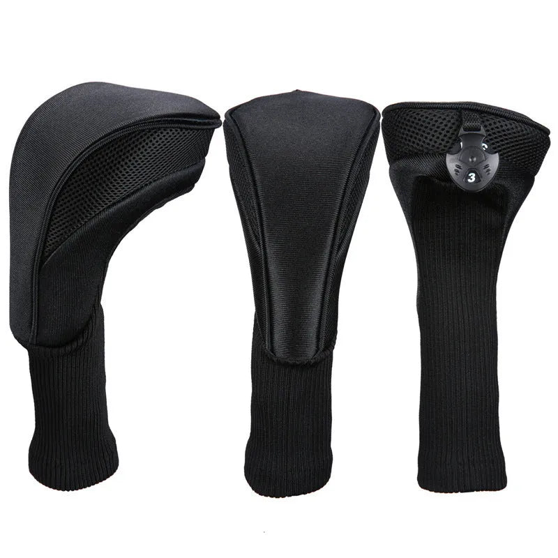 Set of six fabric golf club covers in blue black red and white colour combinations