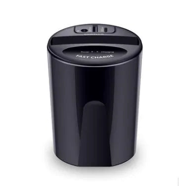 Black X9 car wireless charging cup and stand with Qi logo, showing USB and Type-C ports.