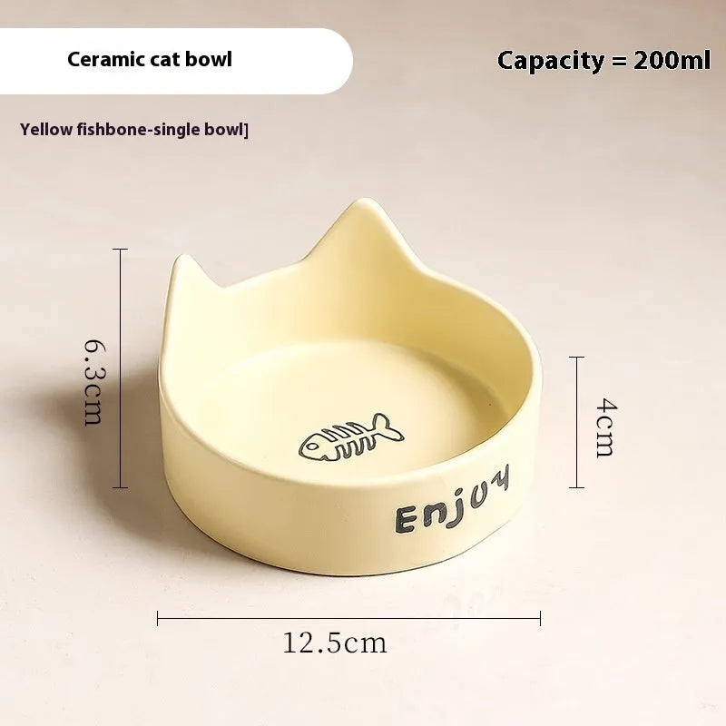Ceramic cat bowl set with wooden anti-slip frame in cat paw design