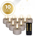 Pack of 10 taupe-coloured LED tealight candles showing 3D flickering flame effect.