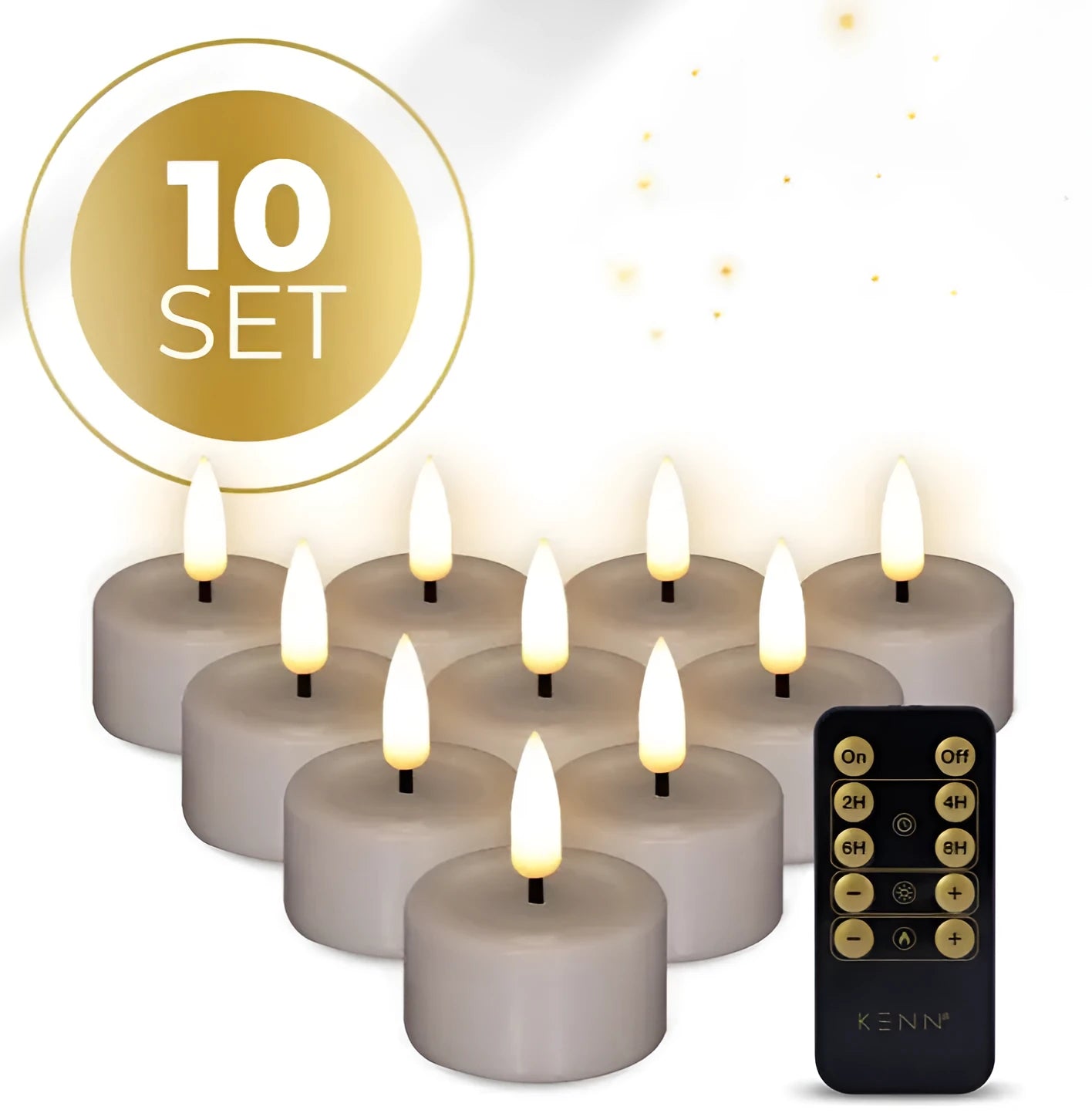 Pack of 10 taupe-coloured LED tealight candles showing 3D flickering flame effect.