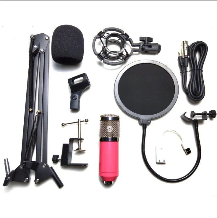 BM-800 condenser microphone with stand in multiple colour options including black blue gold pink red silver white