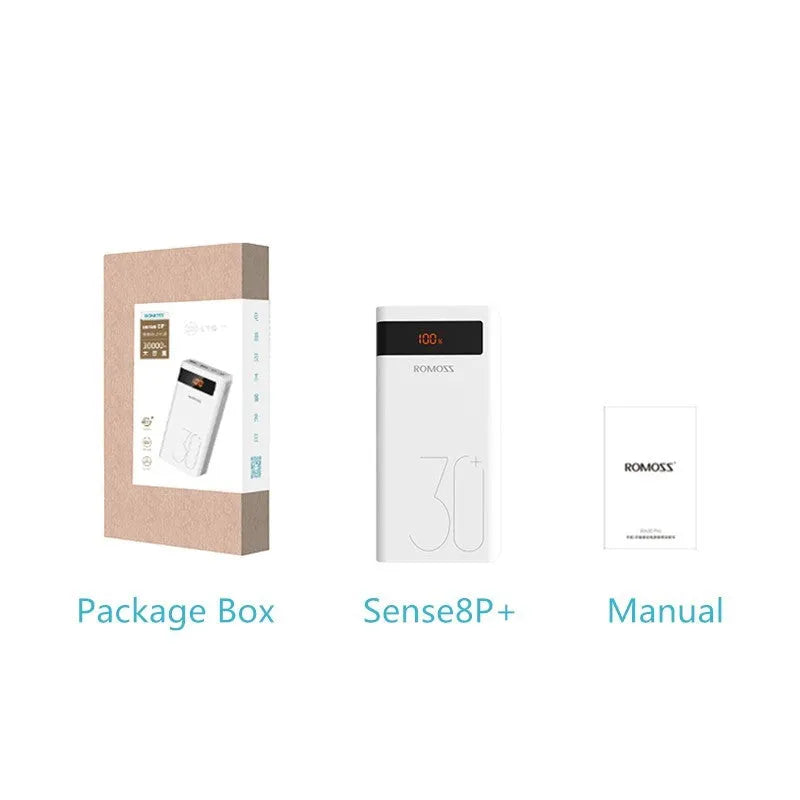 White Roman style power bank, 30000 mAh, digital display, multi U port, L167mm x W80mm x H32.8mm