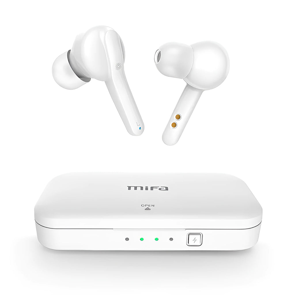 Black and white true wireless stereo earbuds with charging case, featuring Bluetooth 5.0 and IPX5 waterproof rating.