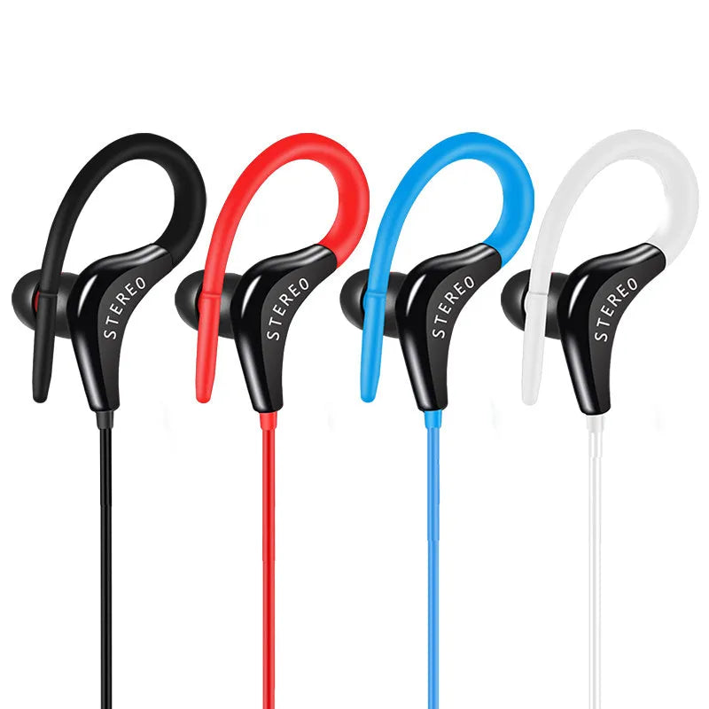 Black wired earhook sport headphones with over-ear hooks and a 3.5mm plug.