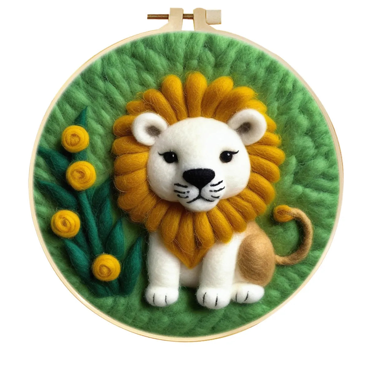 Round linen embroidery frame with wool felt floral decoration kit for three-dimensional wall art