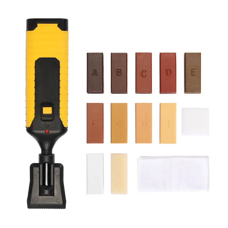 Floor repair tool kit with plastic handles and wax sticks for tile restoration