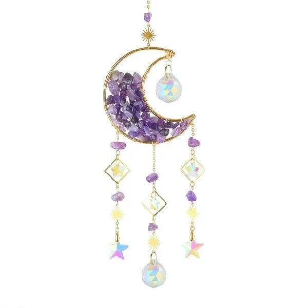 K9 crystal moon-shaped car pendant hanging, showing reflective surface in a choice of colours.