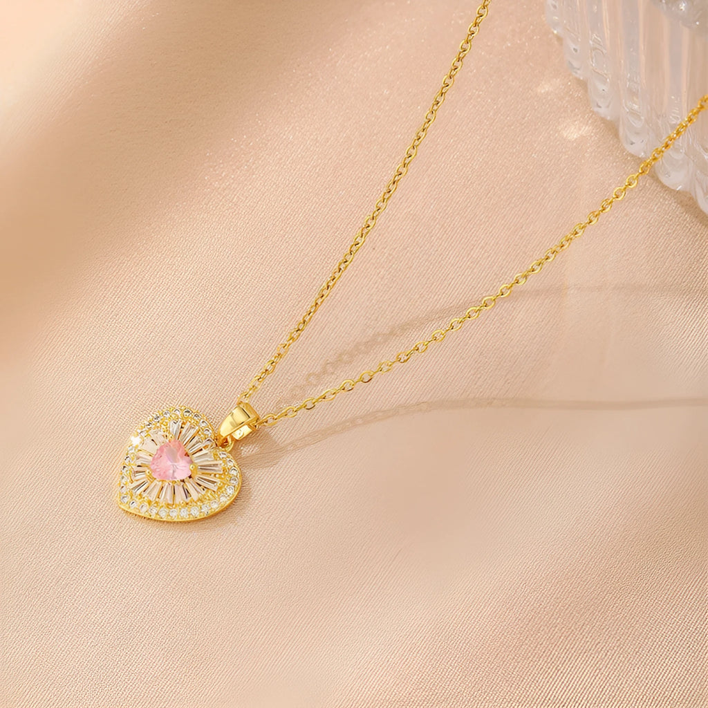 Women's electroplated copper necklace showing four pendant options: heart, butterfly, cross and round diamond designs