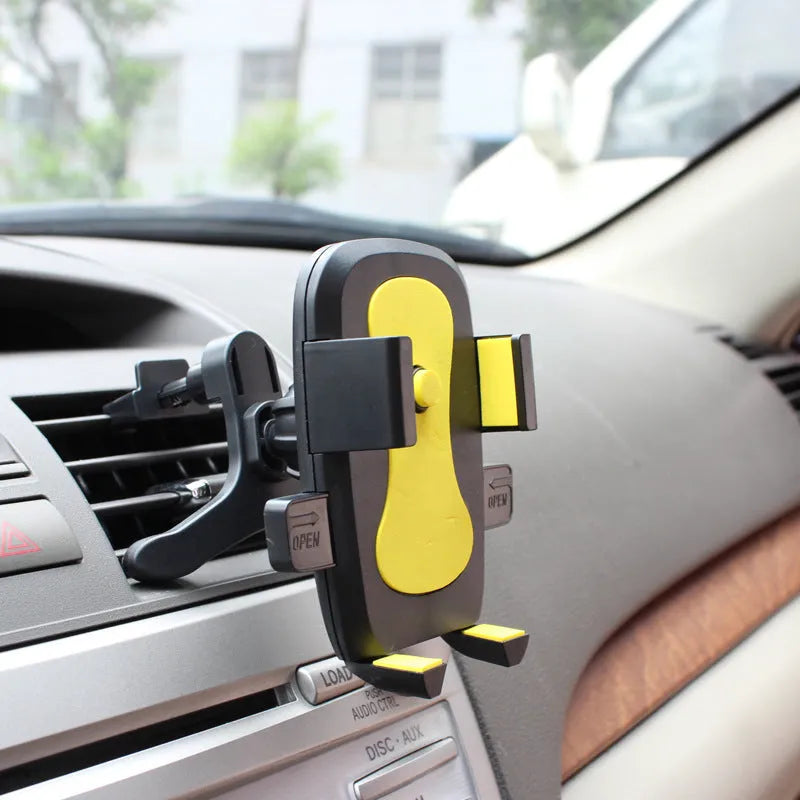 Car air outlet mobile phone holder in black with auto-lock mechanism and rotatable design