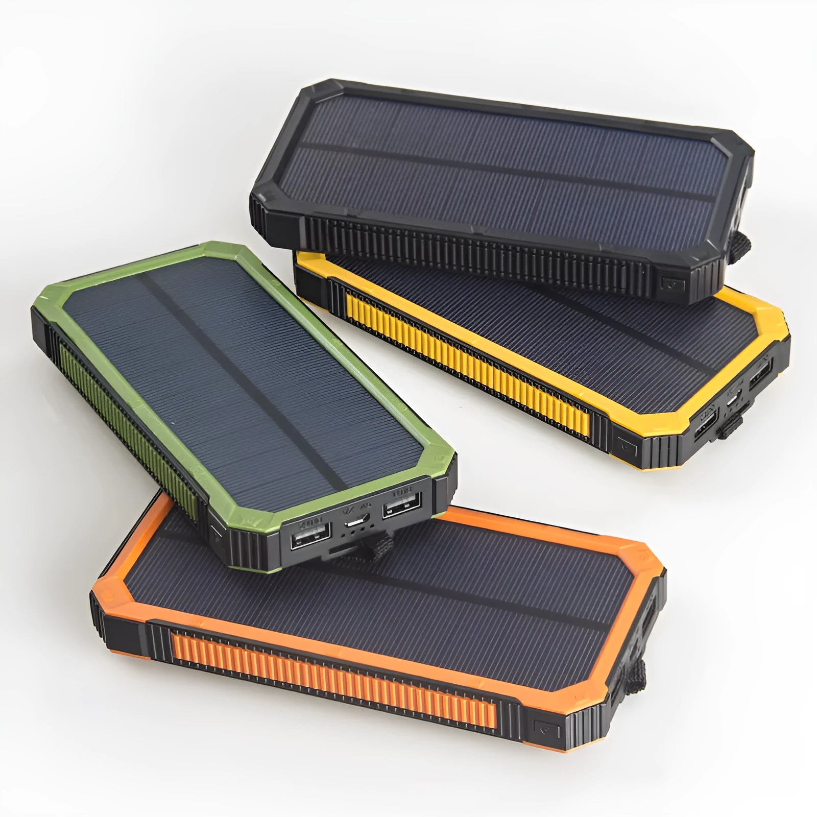Solar power bank portable charger with plastic housing in black, green, orange, or yellow colour options