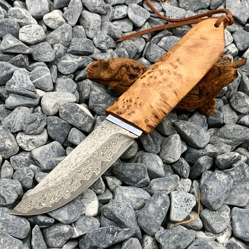 White Shadow Damascus VG10 steel outdoor camping short knife with Thuja wood handle