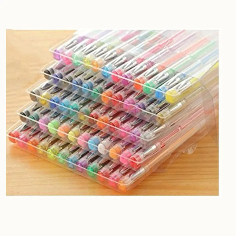 Set of 100 assorted colour gel pens and highlighter pens with plastic barrels on a white background.
