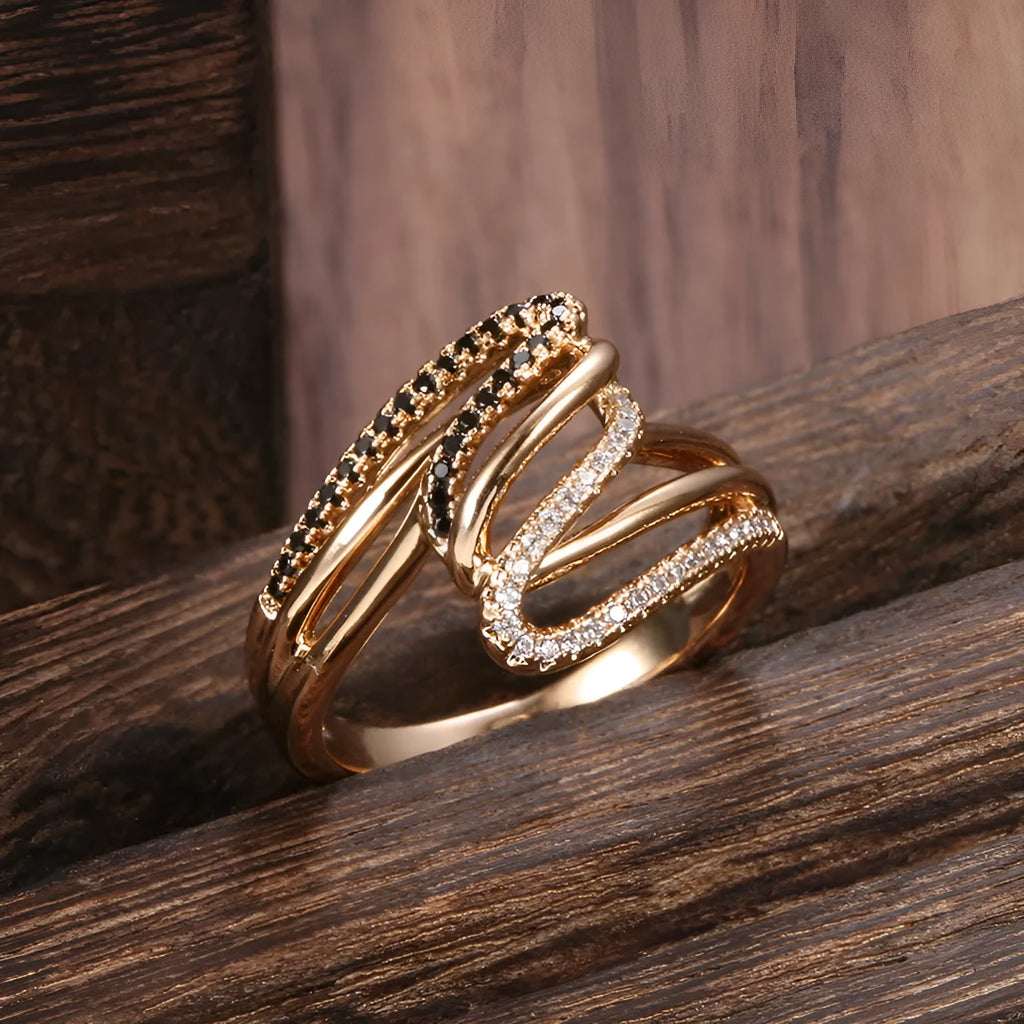 Women's micro-inlaid zircon ring in electroplated copper with WK2230 colour, showing detailed stone arrangement