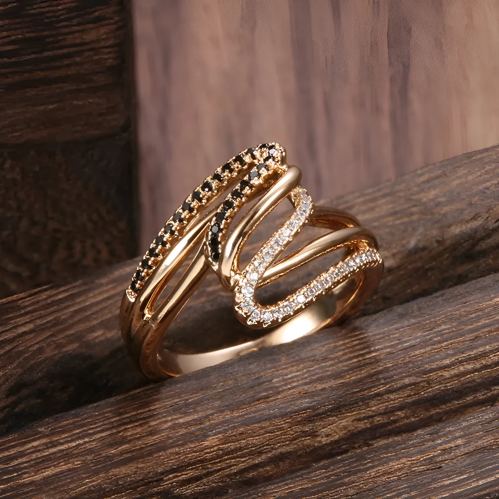 Women's micro-inlaid zircon ring in electroplated copper with WK2230 colour, showing detailed stone arrangement