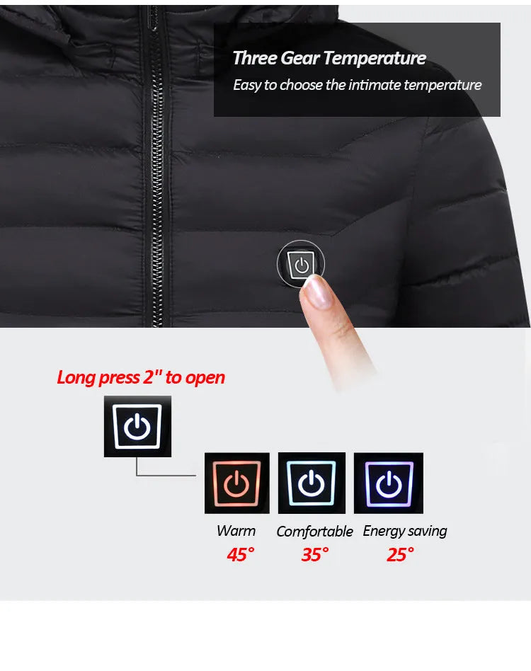 Men's USB heated jacket with carbon fiber pads, 3-level control, polyester shell, available in black, blue, red