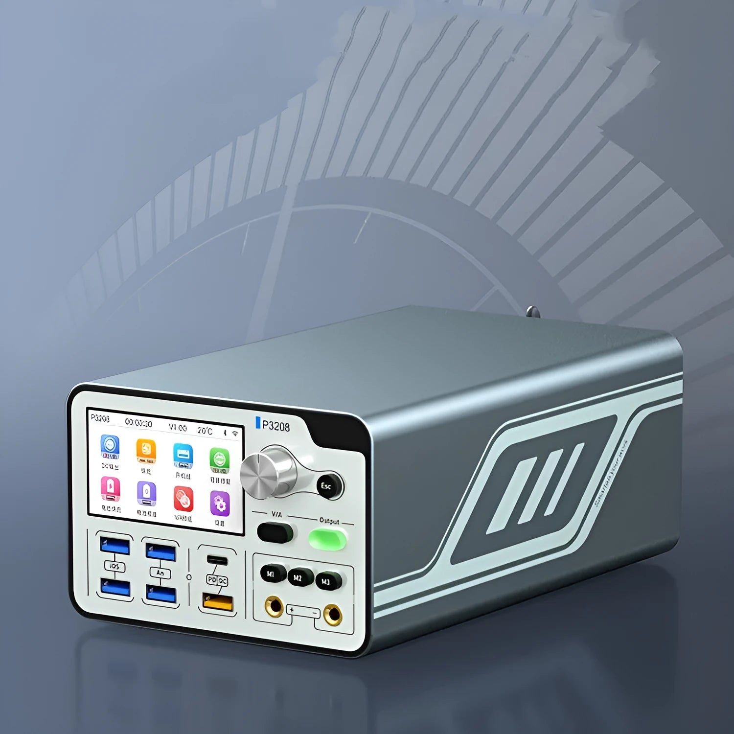 Front view of the 320W intelligent power supply meter with its 3-inch colour display and aluminium casing.